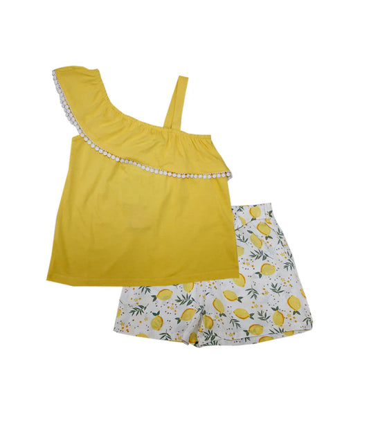 Girls Knit Top Ruffle & Lace Trim With Lemon Print Shorts